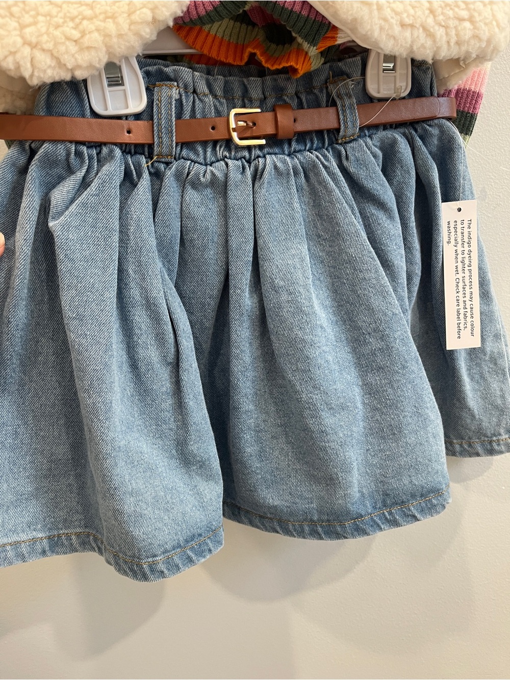 Cynthia Rowley Cream Sherpa Vest with Multicolor Striped Top & Denim Skirt - Picture 3 of 4